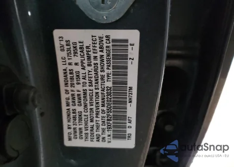 2013 Honda Civic Lx z USA, uszkodzony, nr VIN 19XFB2F55DE023032
